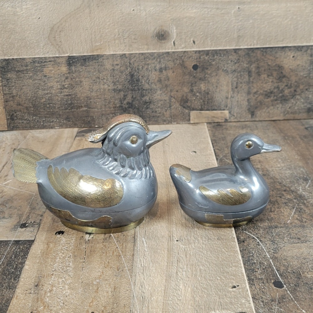 Vintage Pewter Brass Duck Figurine Trinket Box Orante Decor Set of 2 Hong Kong - Picture 4 of 11